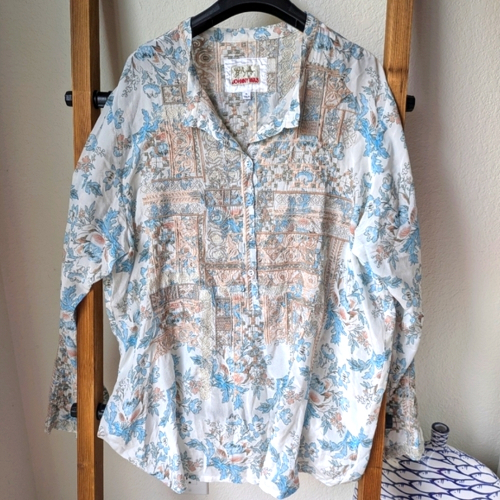 Johnny Was Pastel Patterned 100% Silk Blouse - Size XL